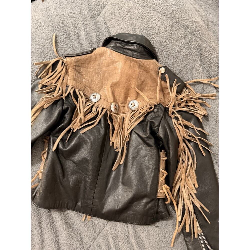 Kids Vintage Shaf Leather Jacket Biker Black Western Fringe Moto Riding Med 6/7